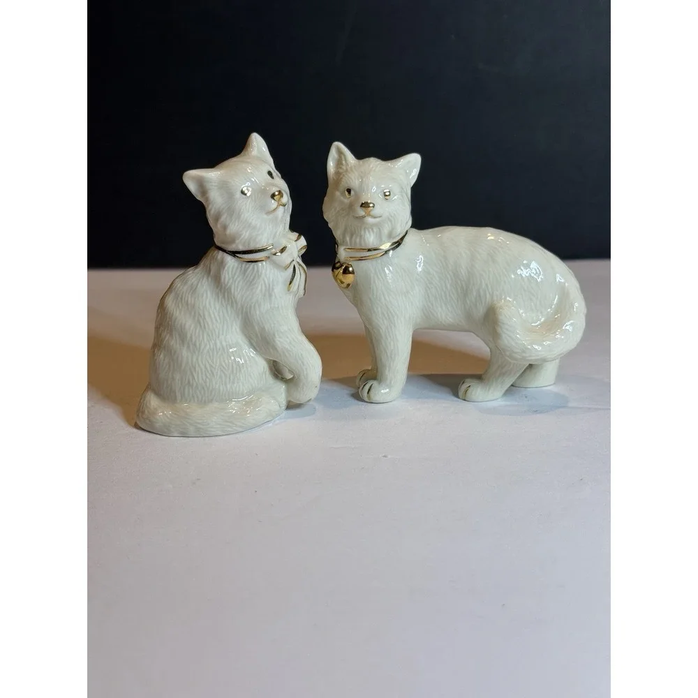 Lenox White Cat Figurines Set of 2 Gold Trim Handcrafted Thailand Vintage